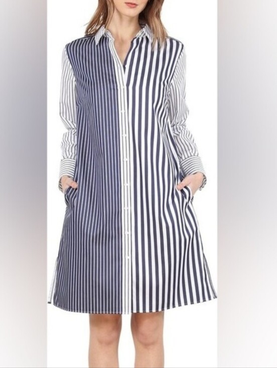 Hinson Wu Dresses & Skirts - Hinson Wu Striped Button-Down Shirt Dress Navy and White Size Small 100% Cotton
